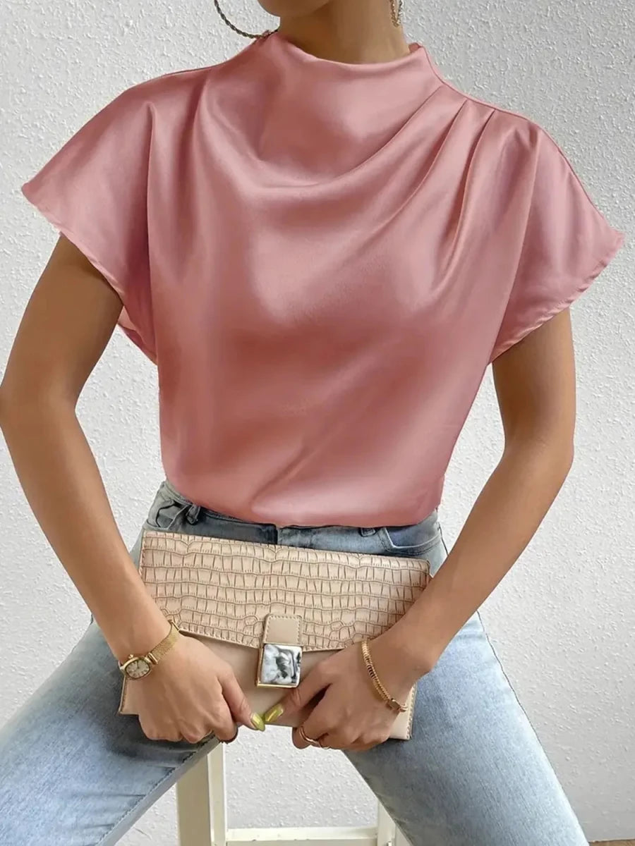 Mock Neck Short Sleeve Blouse - Wow Store