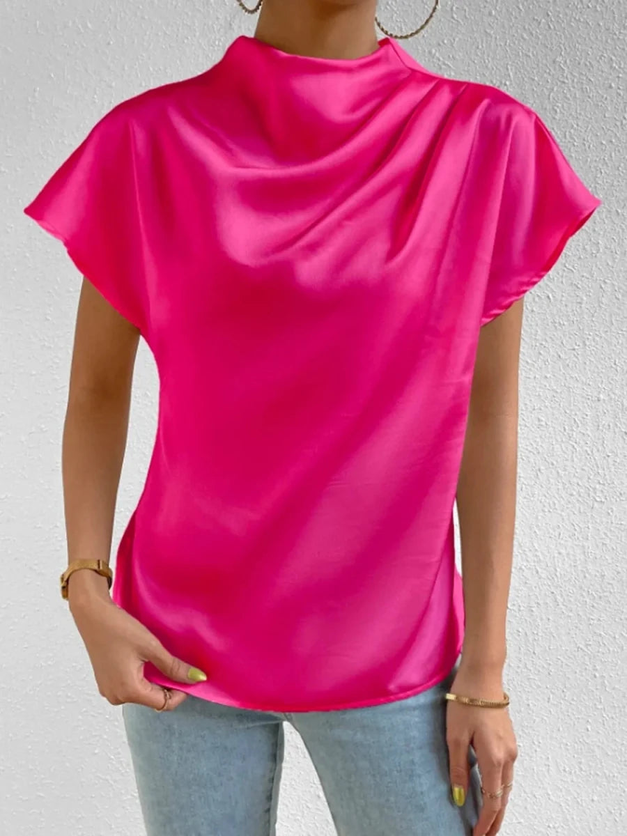 Mock Neck Short Sleeve Blouse - Wow Store