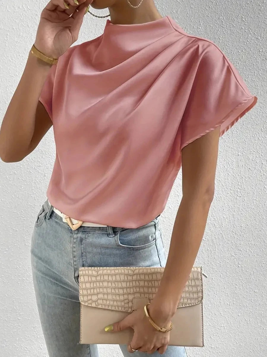 Mock Neck Short Sleeve Blouse - Wow Store