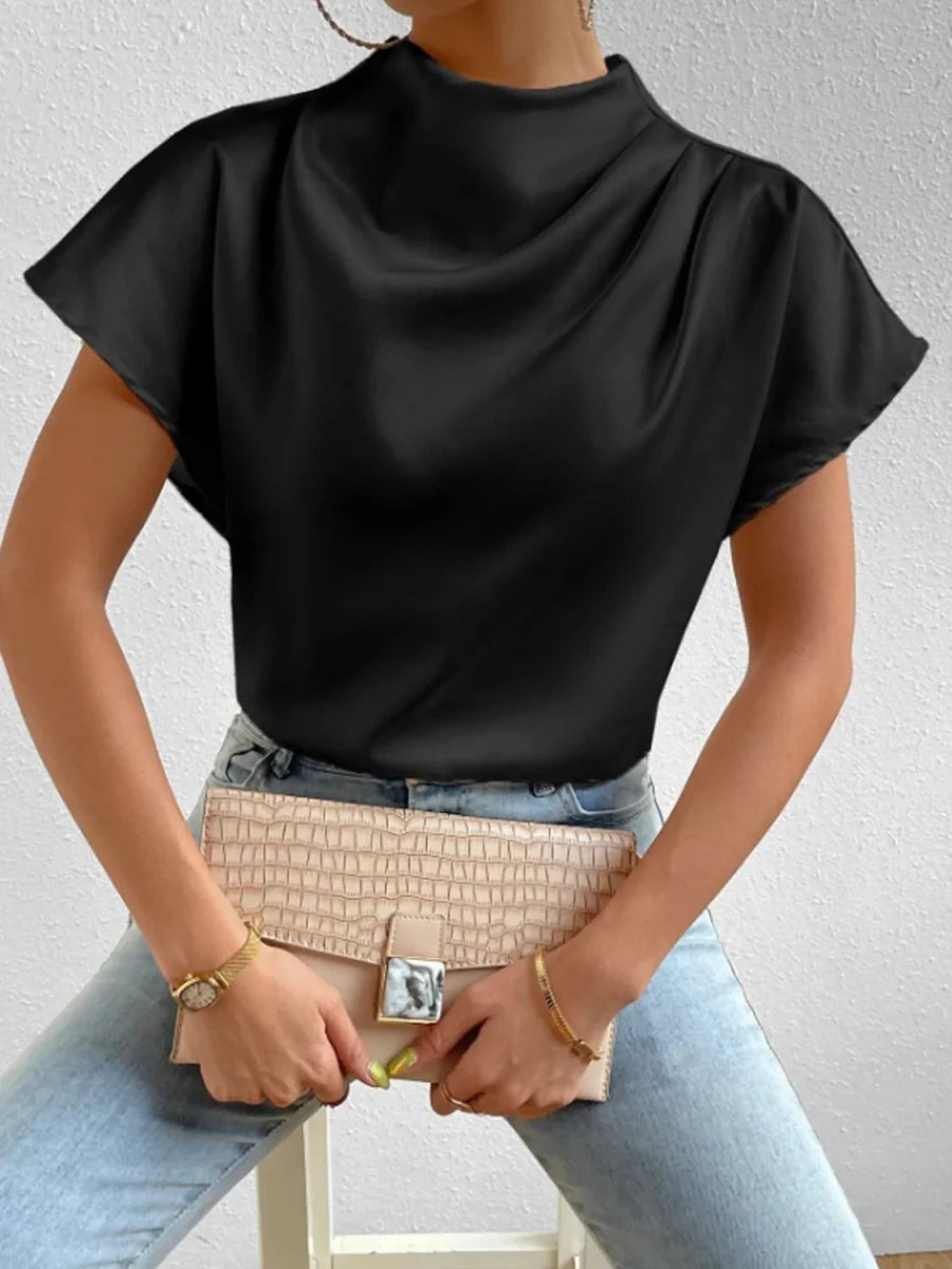 Mock Neck Short Sleeve Blouse - Wow Store