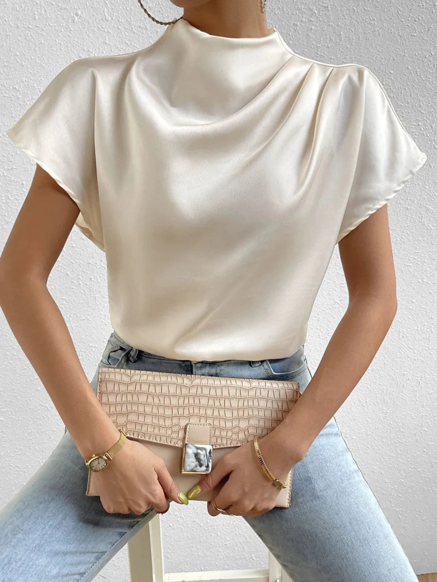Mock Neck Short Sleeve Blouse - Wow Store