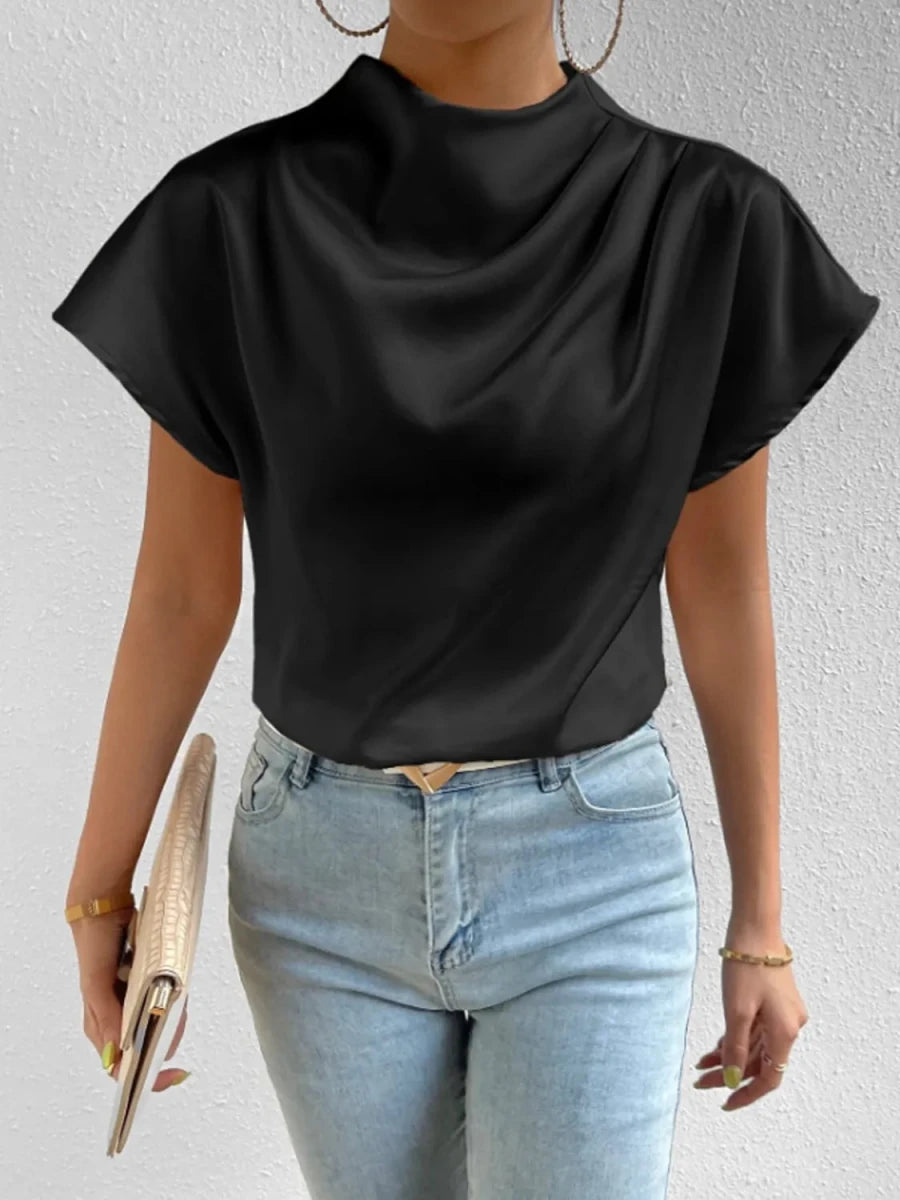Mock Neck Short Sleeve Blouse - Wow Store