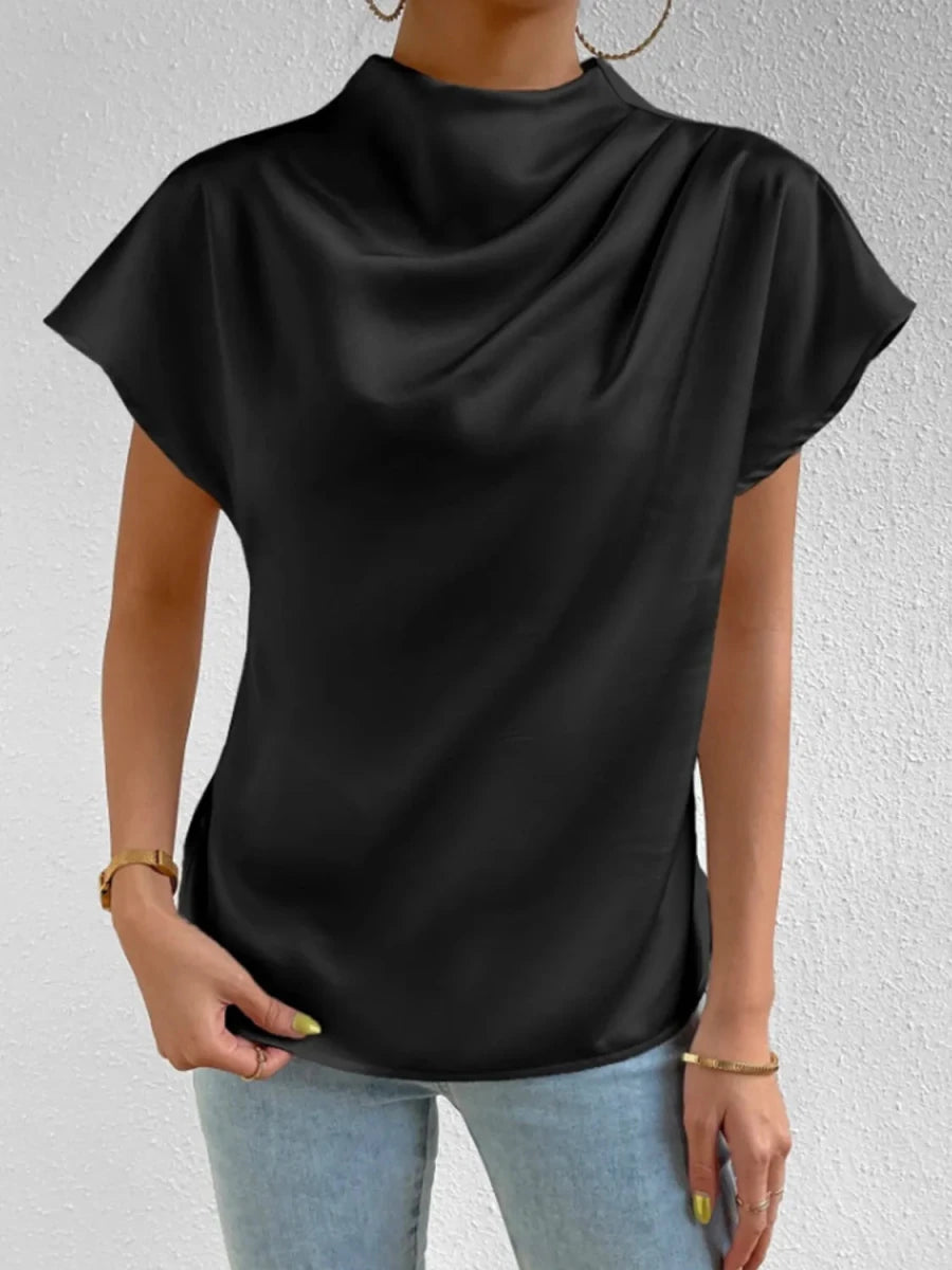 Mock Neck Short Sleeve Blouse - Wow Store