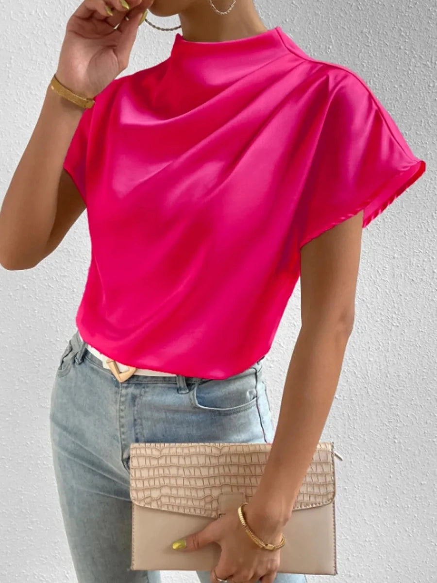 Mock Neck Short Sleeve Blouse - Wow Store
