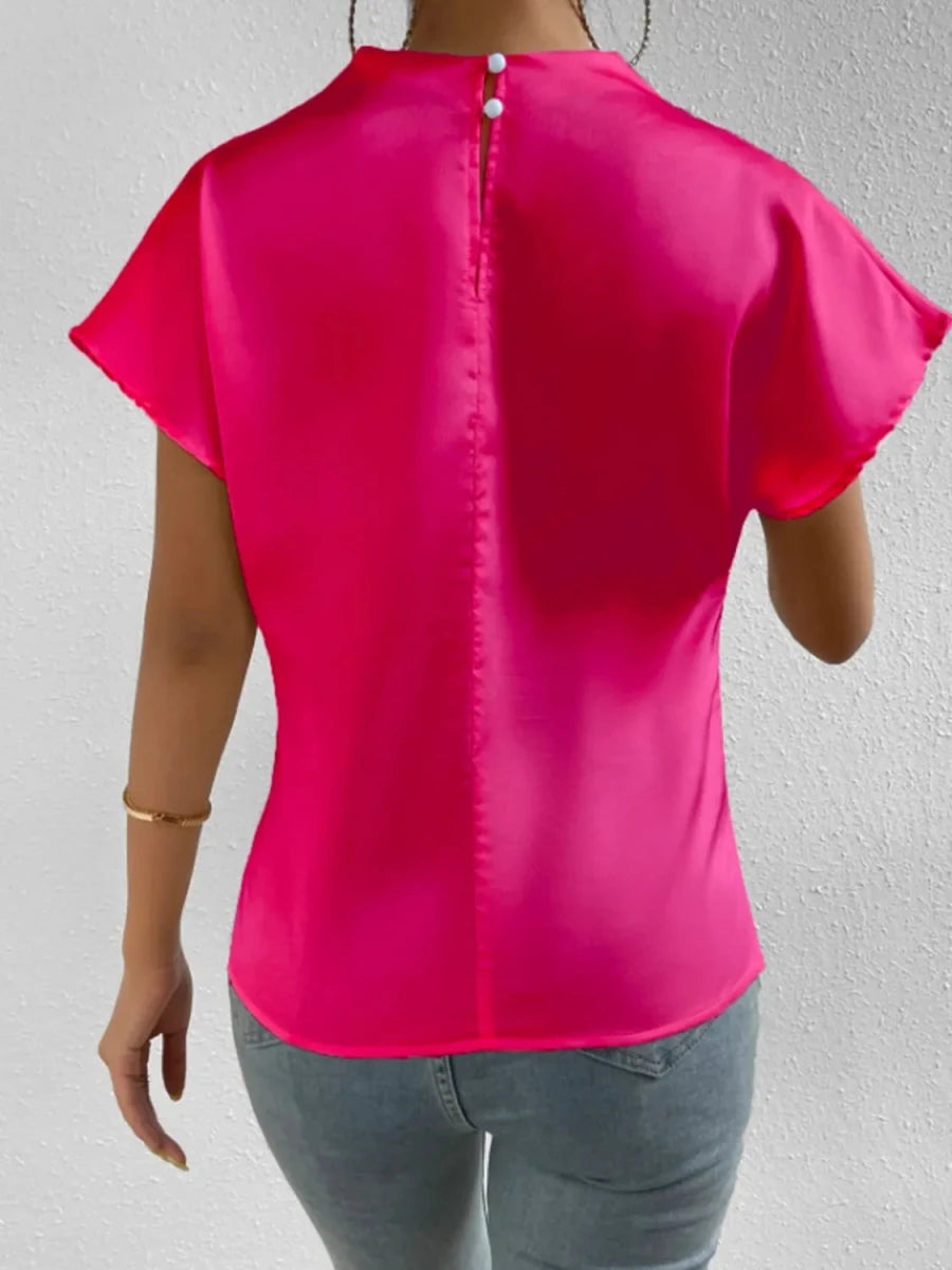 Mock Neck Short Sleeve Blouse - Wow Store