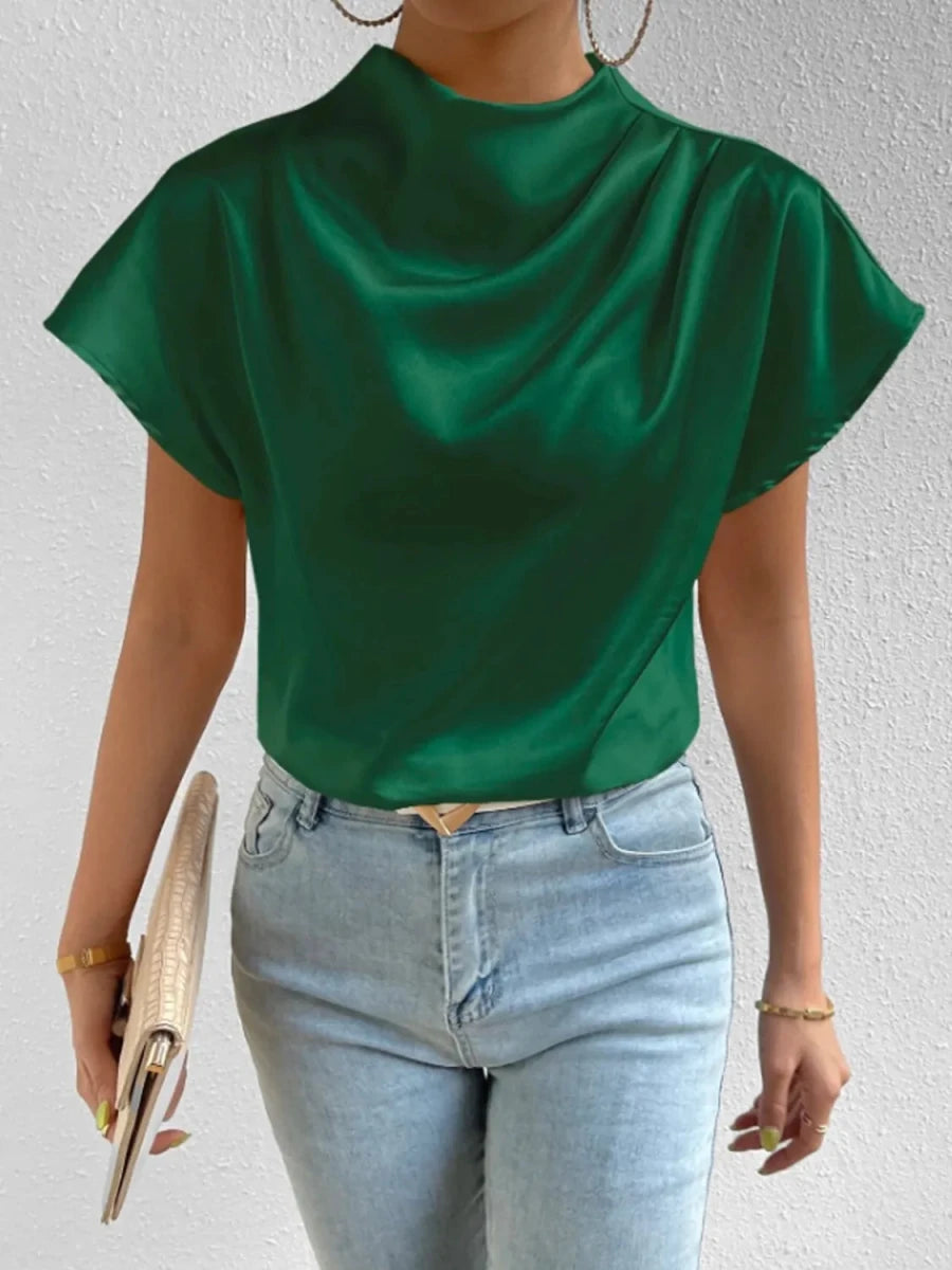 Mock Neck Short Sleeve Blouse - Wow Store