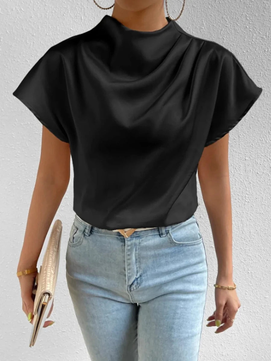 Mock Neck Short Sleeve Blouse - Wow Store