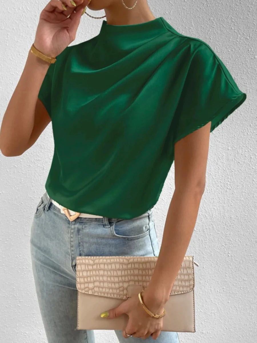 Mock Neck Short Sleeve Blouse - Wow Store