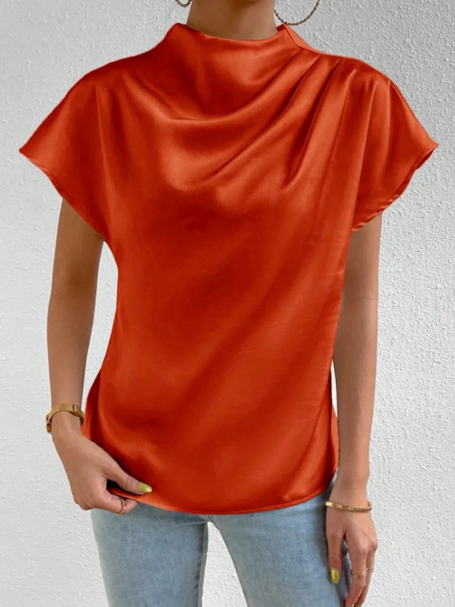 Mock Neck Short Sleeve Blouse - Wow Store