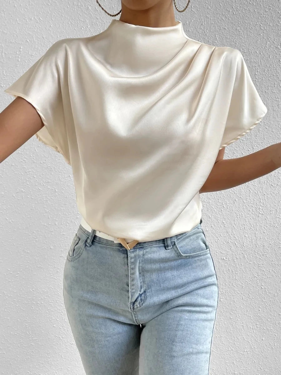 Mock Neck Short Sleeve Blouse - Wow Store
