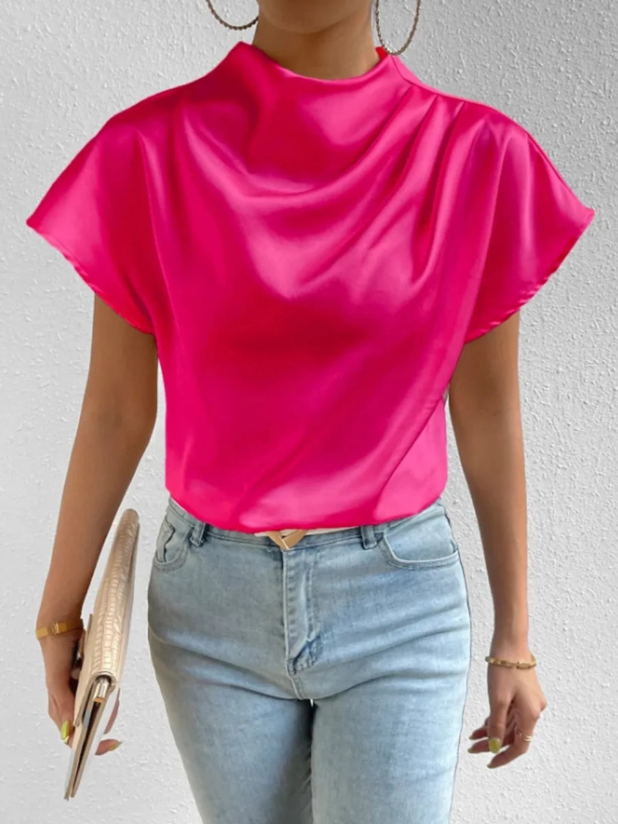 Mock Neck Short Sleeve Blouse - Wow Store