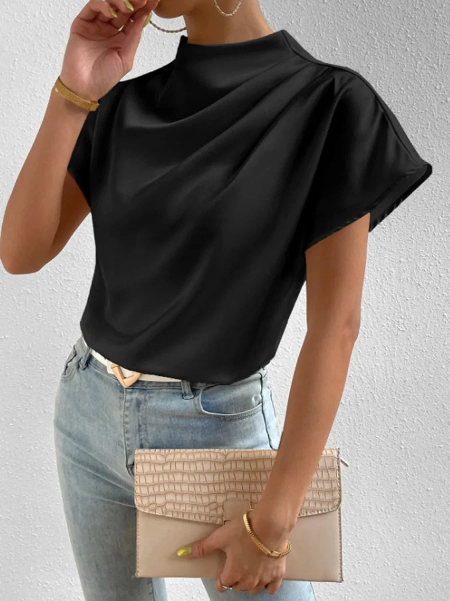 Mock Neck Short Sleeve Blouse - Wow Store