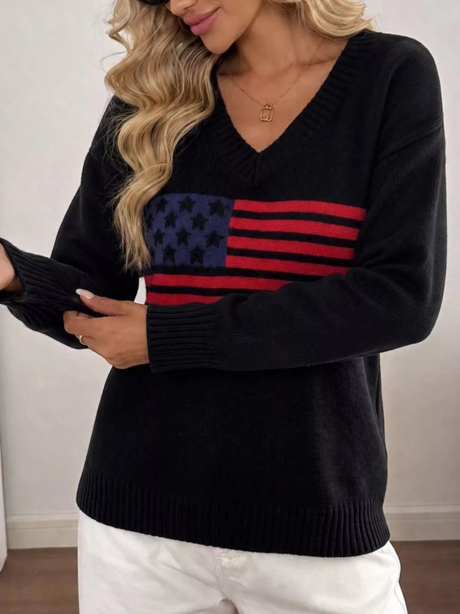 Myztery American Flag V-Neck Knit Top - WowStore.live
