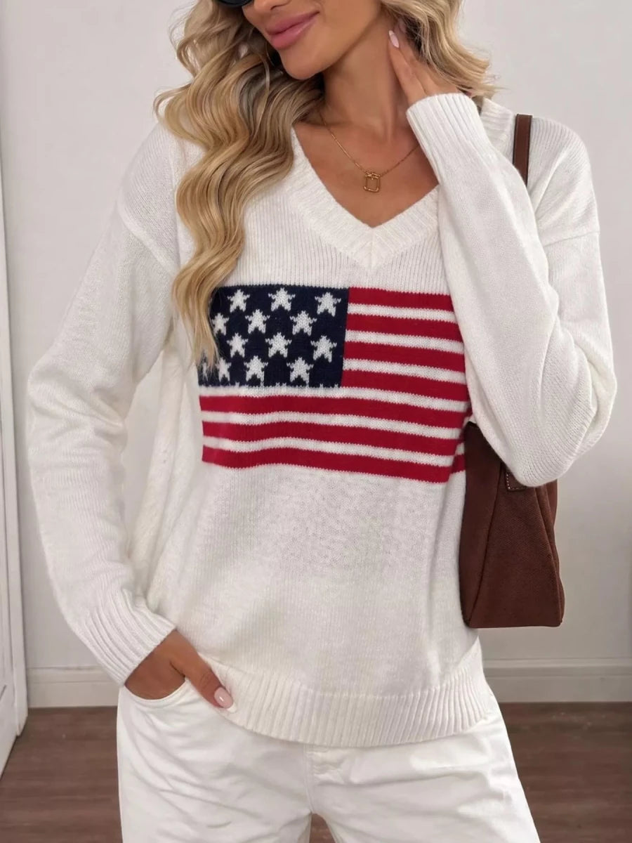 Myztery American Flag V-Neck Knit Top - WowStore.live