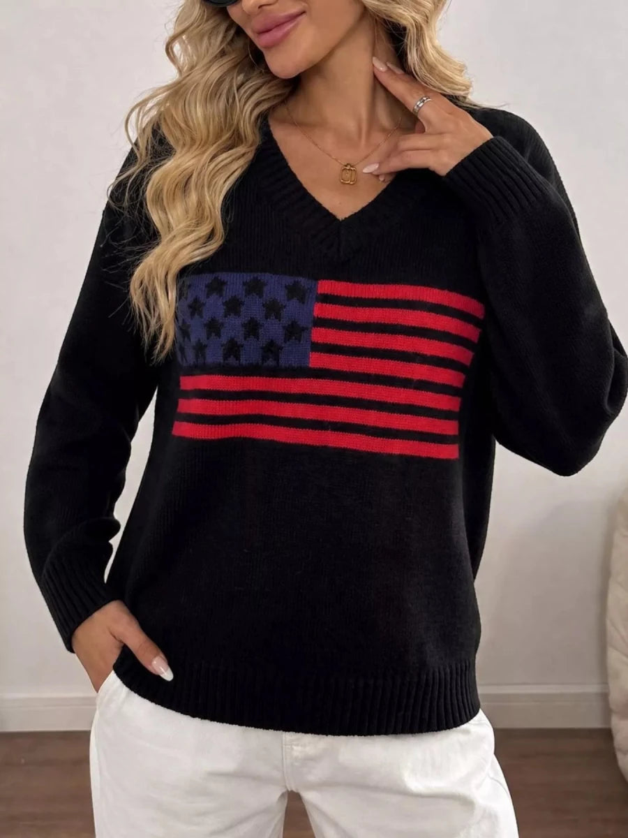 Myztery American Flag V-Neck Knit Top - WowStore.live