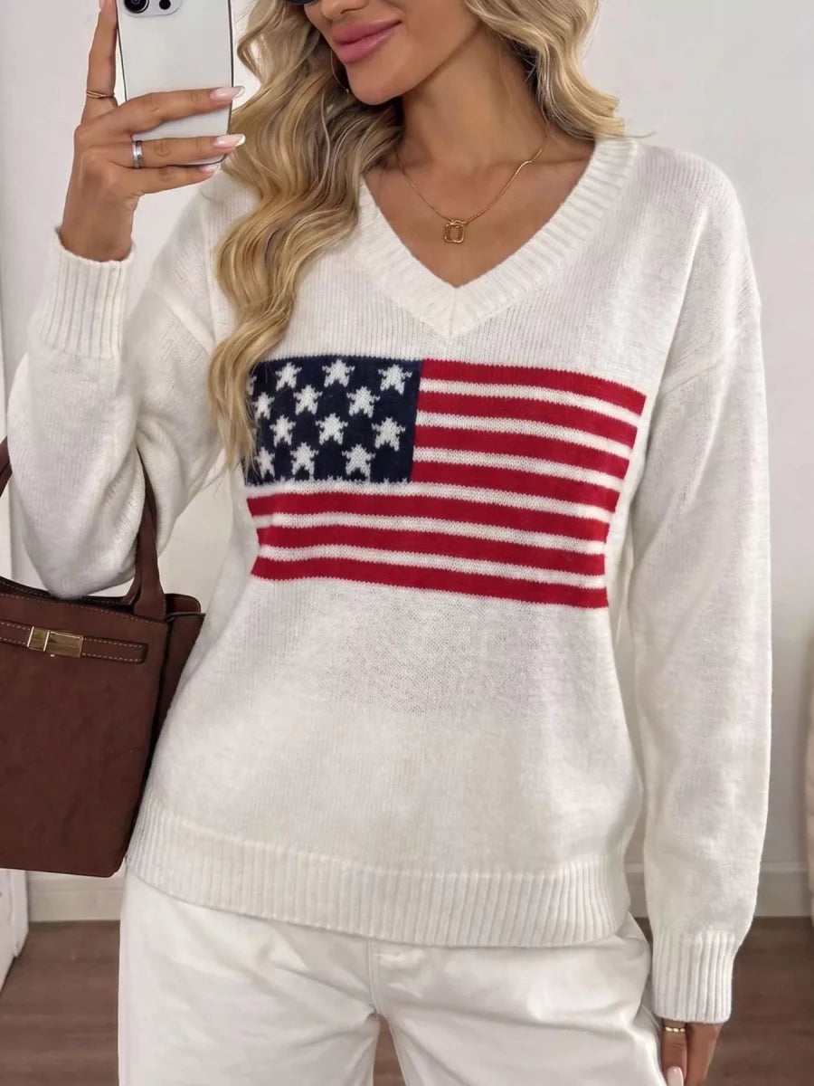 Myztery American Flag V-Neck Knit Top - WowStore.live