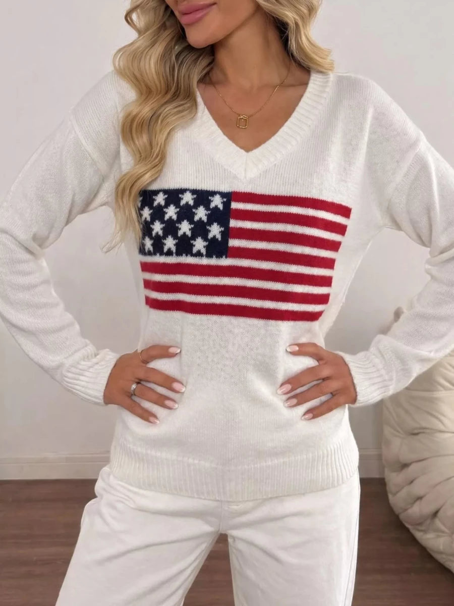 Myztery American Flag V-Neck Knit Top - WowStore.live