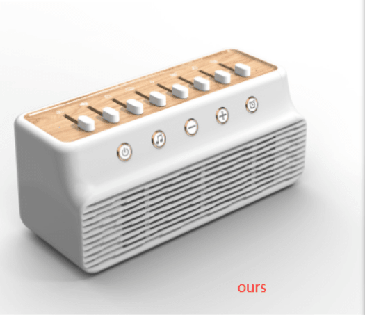 White Bluetooth speaker seen from the front corner, slatted grille, round buttons and sliders on top
