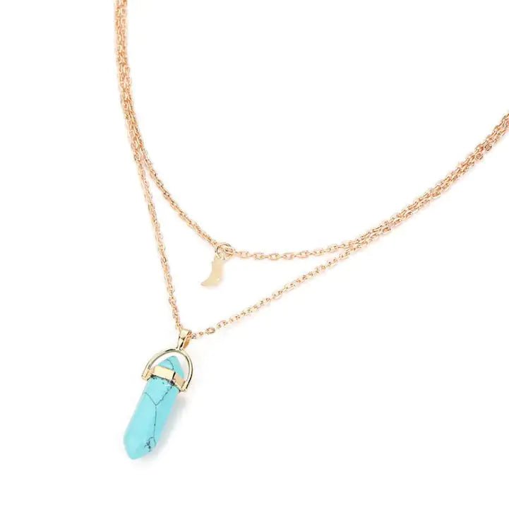 Natural stone glass hexagonal necklace European and American fashion double moon crescent bullets pendulum pendant- Wow Store
