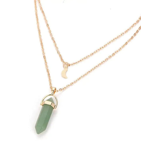 Natural stone glass hexagonal necklace European and American fashion double moon crescent bullets pendulum pendant- Wow Store