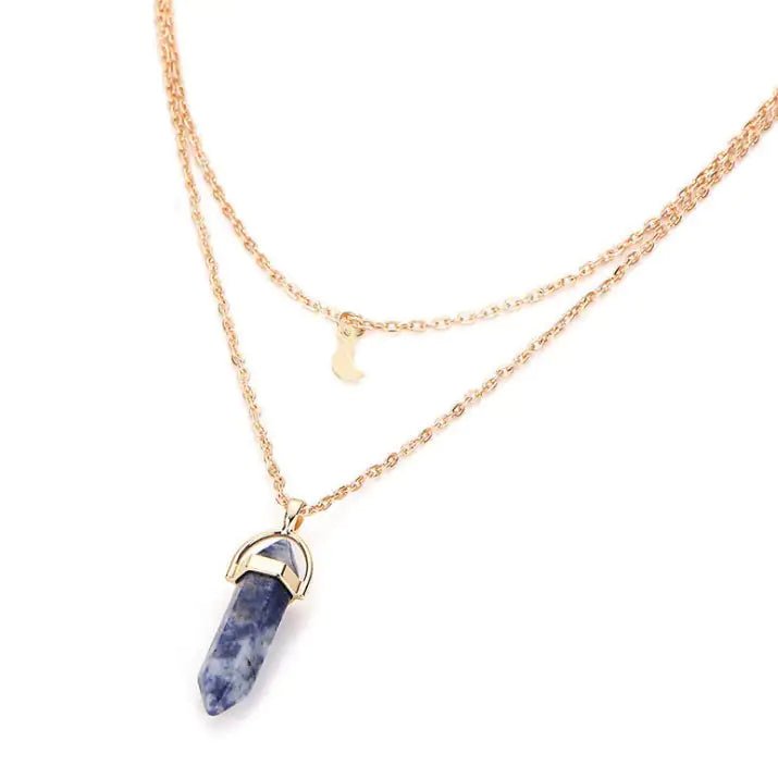 Natural stone glass hexagonal necklace European and American fashion double moon crescent bullets pendulum pendant- Wow Store