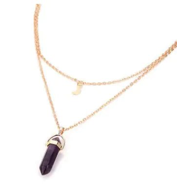 Natural stone glass hexagonal necklace European and American fashion double moon crescent bullets pendulum pendant- Wow Store