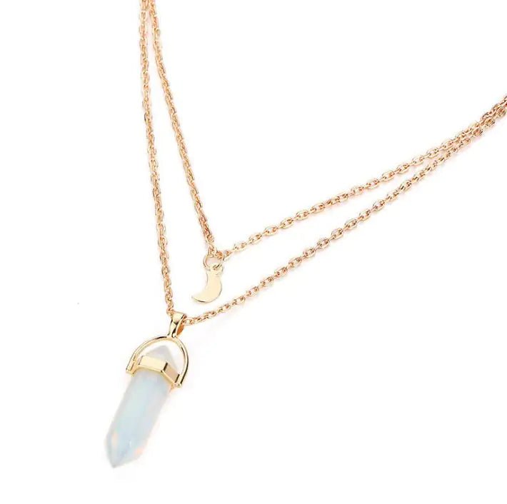 Natural stone glass hexagonal necklace European and American fashion double moon crescent bullets pendulum pendant- Wow Store