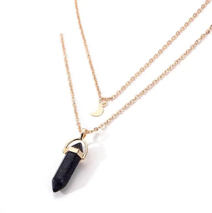 Natural stone glass hexagonal necklace European and American fashion double moon crescent bullets pendulum pendant- Wow Store