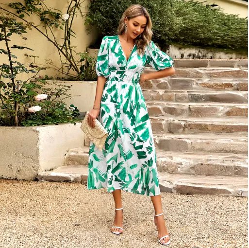 New V - neck Printed Short - sleeved Long Dress Summer Fashion Slim Seaside Vacation Beach Dresses For Women - Wow Store