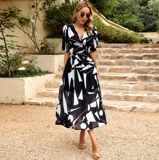 New V - neck Printed Short - sleeved Long Dress Summer Fashion Slim Seaside Vacation Beach Dresses For Women - Wow Store