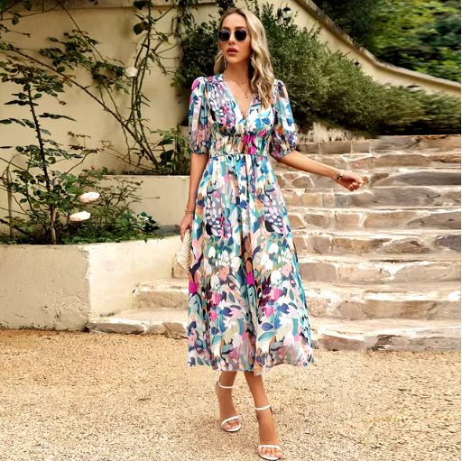 New V - neck Printed Short - sleeved Long Dress Summer Fashion Slim Seaside Beach Dresses For Women Clothing - Wow Store
