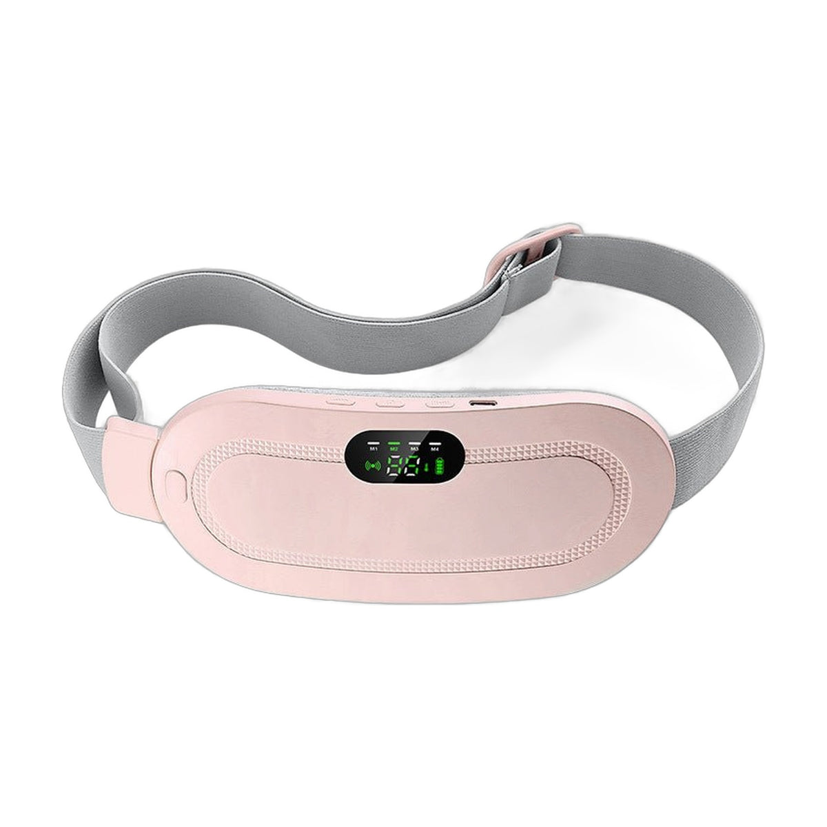 Heating massage waist belt in pink with LED display, product photo on white