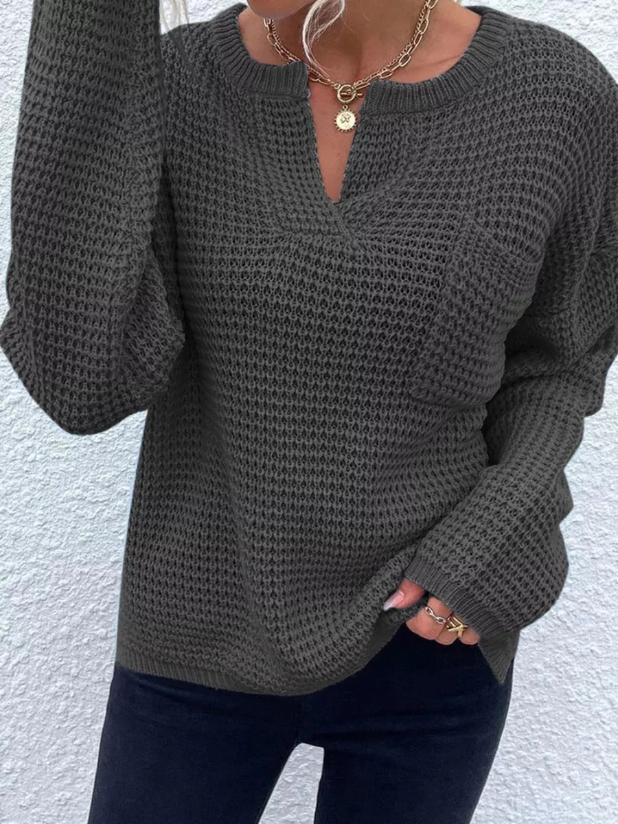 Notched Long Sleeve Sweater - Wow Store