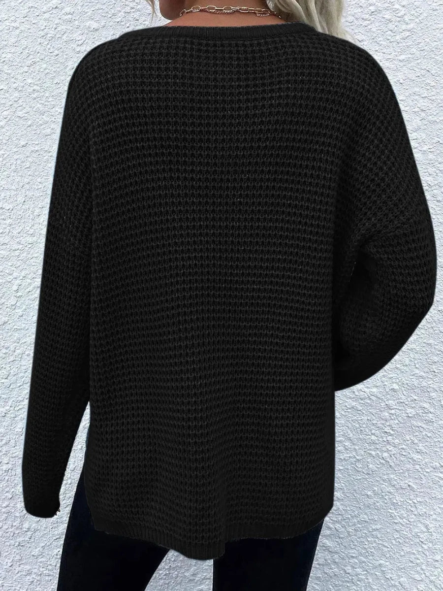 Notched Long Sleeve Sweater - Wow Store