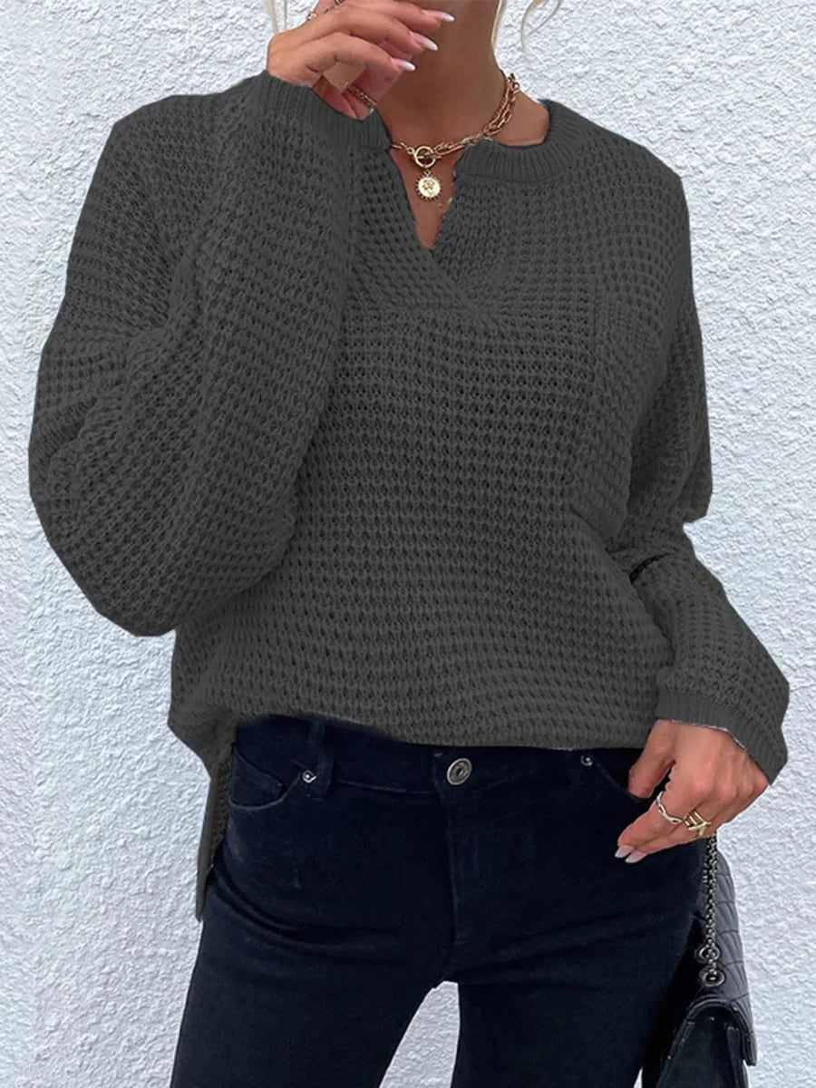 Notched Long Sleeve Sweater - Wow Store