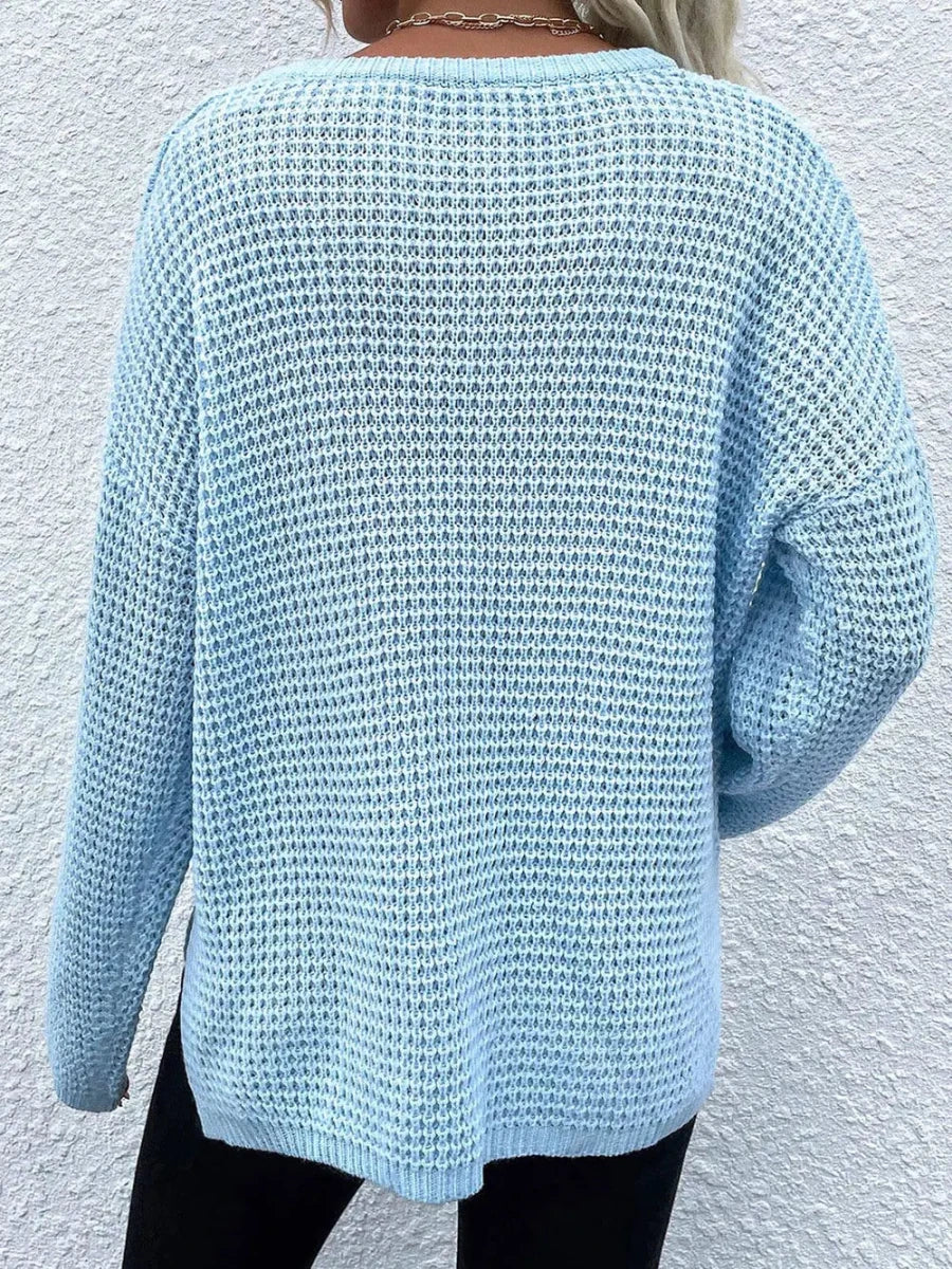 Notched Long Sleeve Sweater - Wow Store