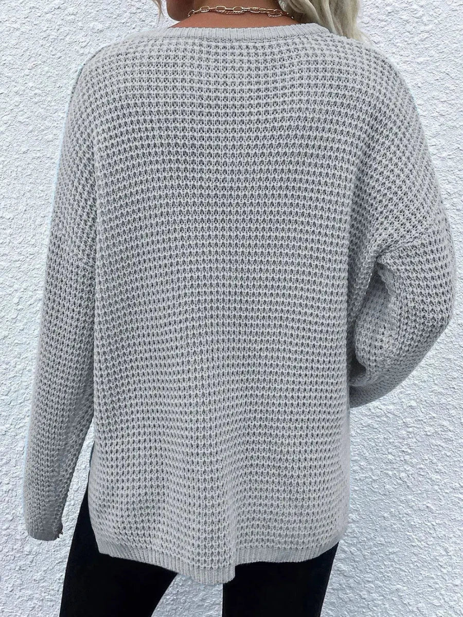 Notched Long Sleeve Sweater - Wow Store