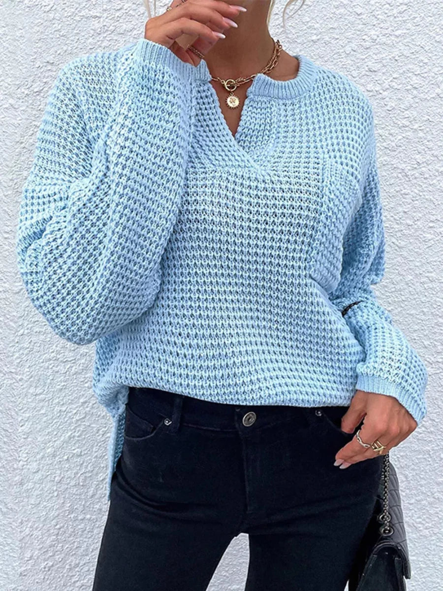 Notched Long Sleeve Sweater - Wow Store