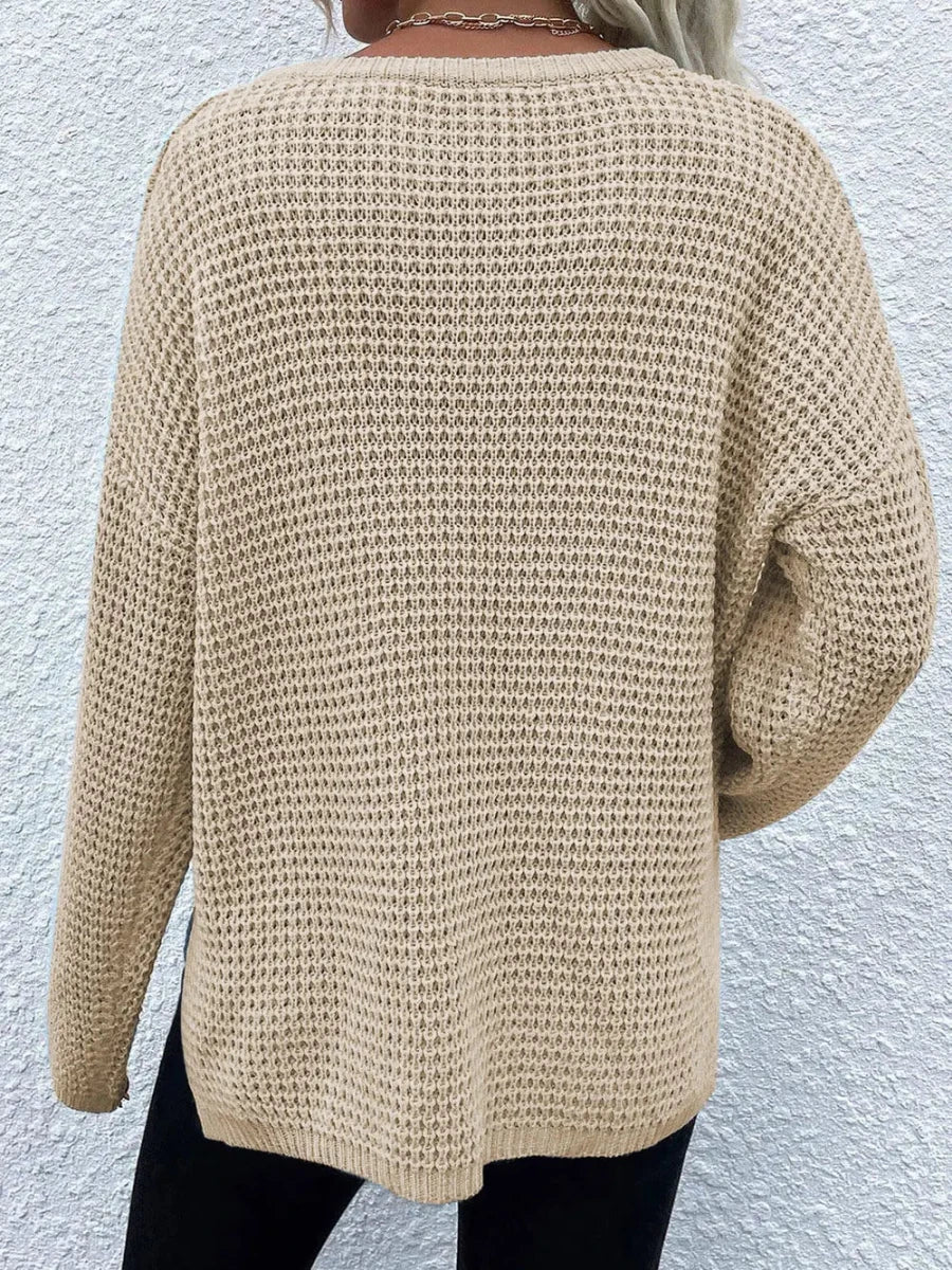 Notched Long Sleeve Sweater - Wow Store