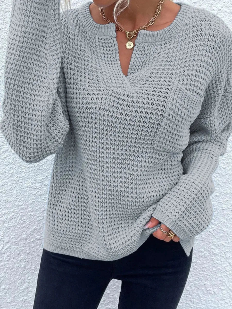 Notched Long Sleeve Sweater - Wow Store