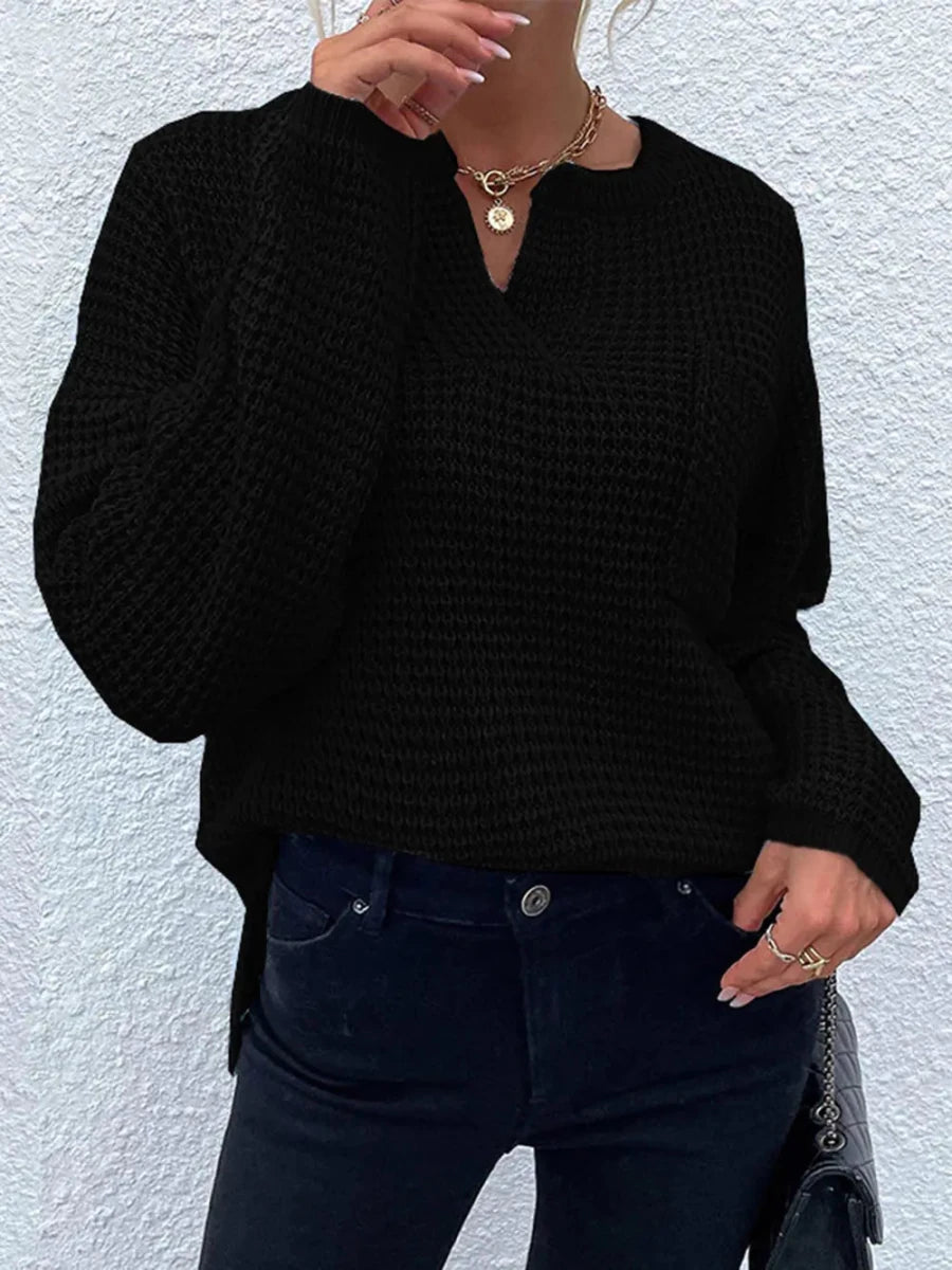 Notched Long Sleeve Sweater - Wow Store