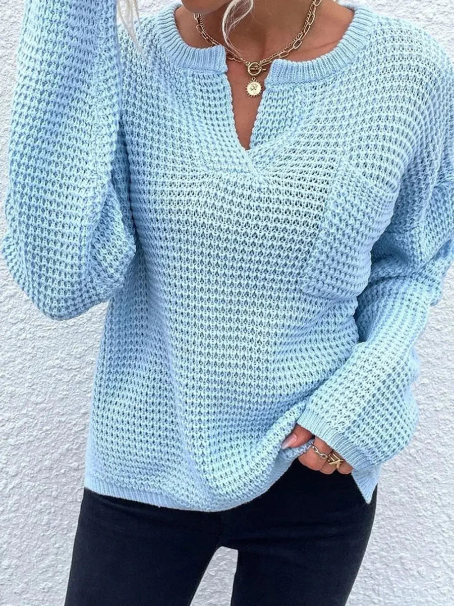 Notched Long Sleeve Sweater - Wow Store