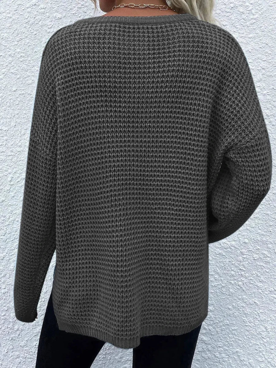 Notched Long Sleeve Sweater - Wow Store