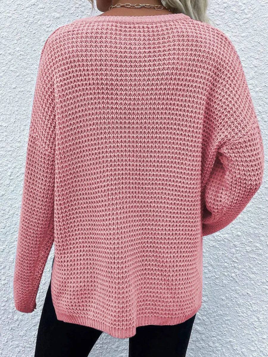 Notched Long Sleeve Sweater - Wow Store