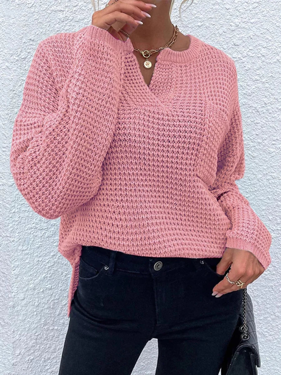 Notched Long Sleeve Sweater - Wow Store
