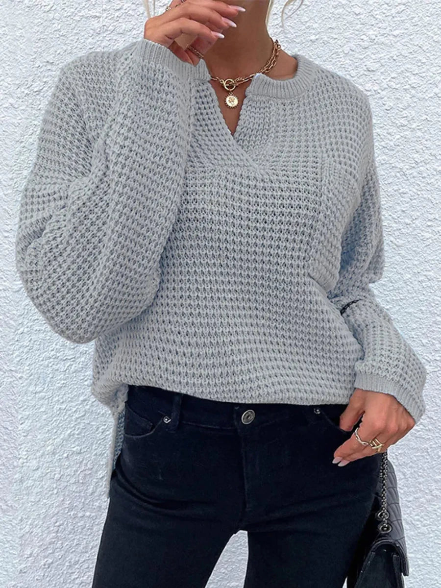 Notched Long Sleeve Sweater - Wow Store
