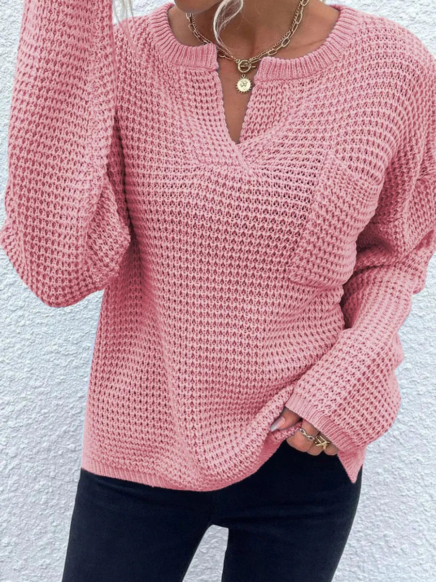Notched Long Sleeve Sweater - Wow Store