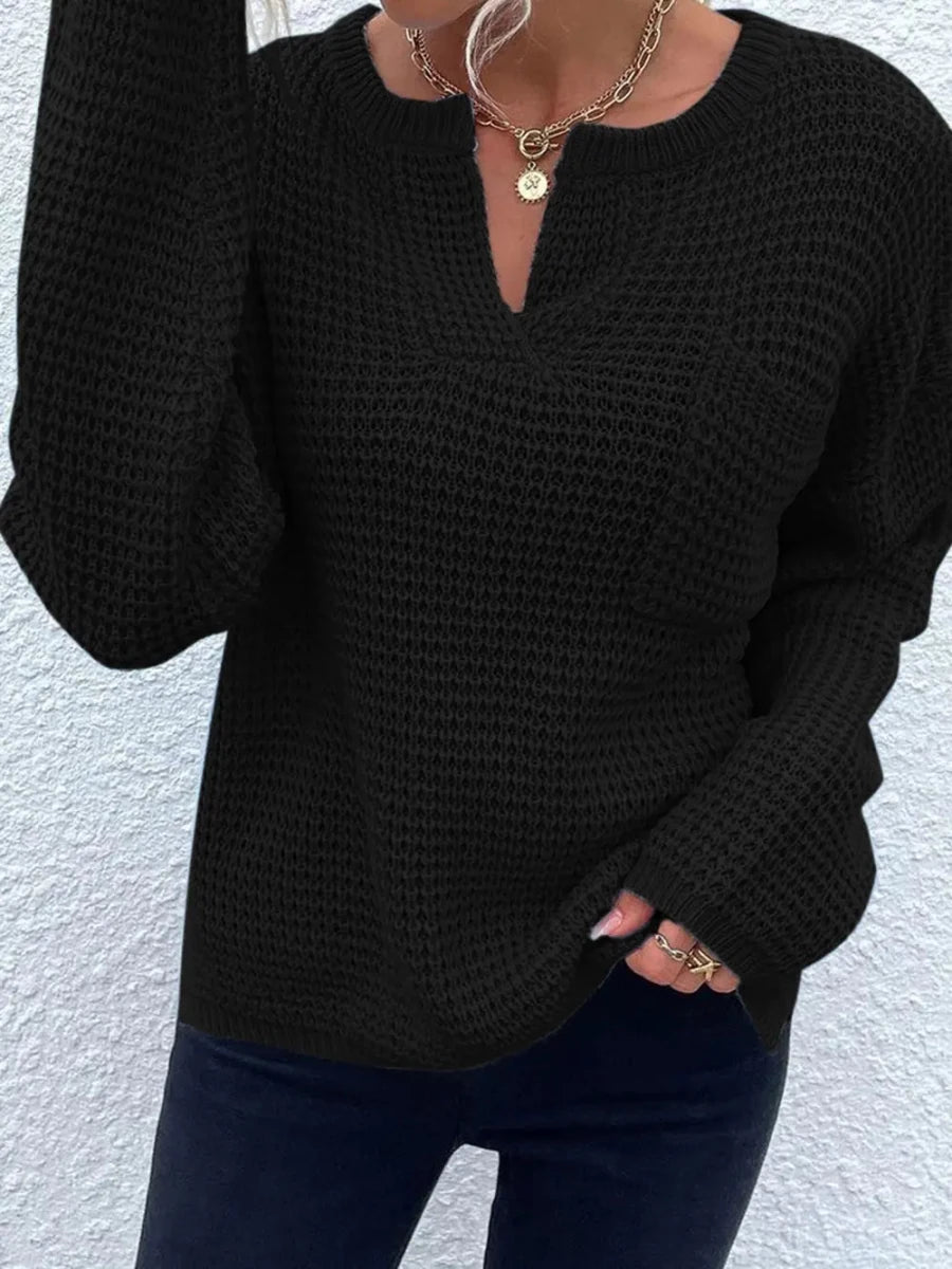 Notched Long Sleeve Sweater - Wow Store
