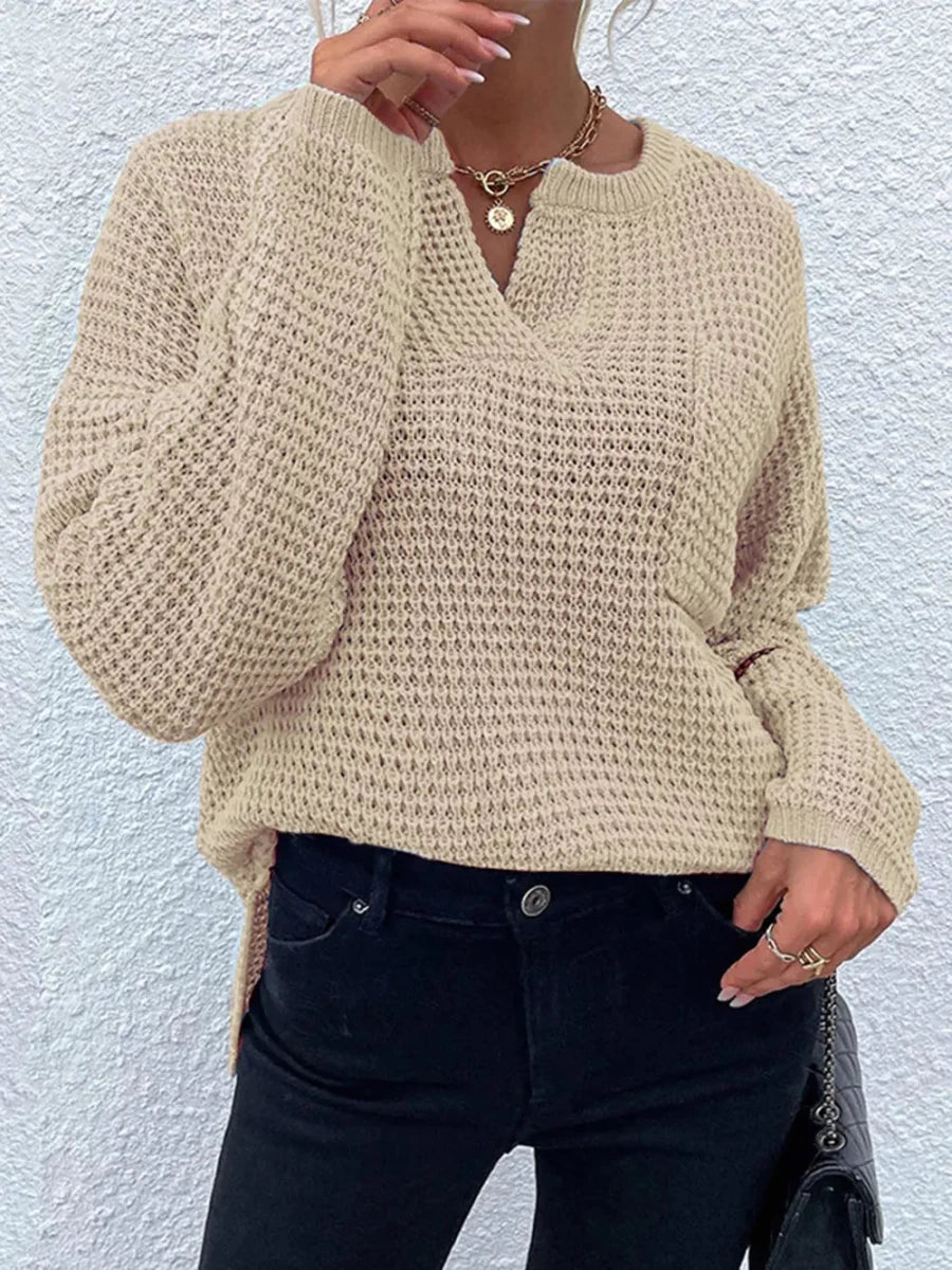 Notched Long Sleeve Sweater - Wow Store