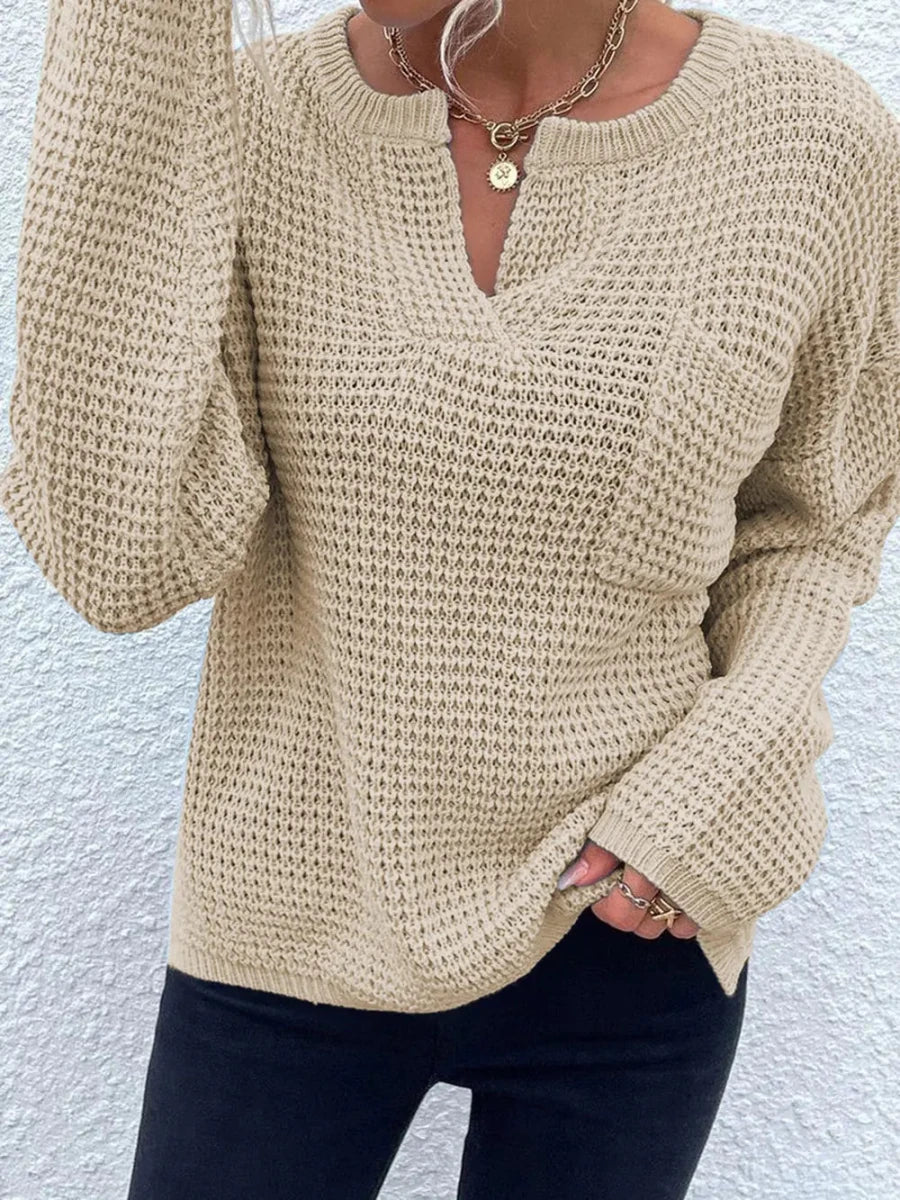 Notched Long Sleeve Sweater - Wow Store